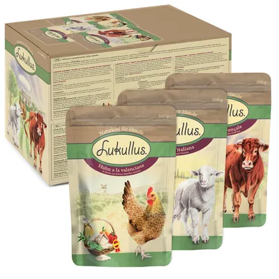 Sachets de nourriture pour chien Lukullus, variétés visibles : Huhn à la valenciana, à l’italiana, à la provençale, 300 g chacun, avec illustrations d’animaux sur les emballages.
