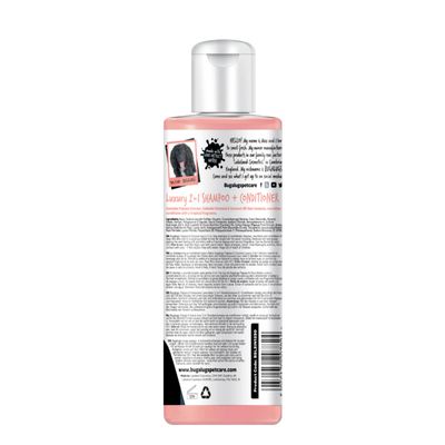 Bottle label showing Luxury 2 in 1 Shampoo + Conditioner with ingredients, usage instructions, and website bughugspetcare.com. Social media icons and barcode also visible.