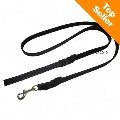 Svart hundkoppel i flätat läder med metallhake. Orange hörn med texten 'Top Seller' synlig.