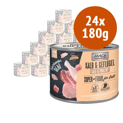 24x180g MAC's Kalb & Geflügel Super Food for Cats, alimento completo per gatti adulti, senza cereali, alto contenuto di carne, made in Germany, confezione con immagini di carne.