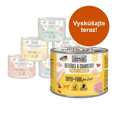 Konzervy MAC's Super Food for Cats, viditeľné príchute Geflügel & Cranberry, Ente, Kaninchen & Rind, Rind & Hühnerherzen. Oranžový kruh s textom: Vyskúšajte teraz!