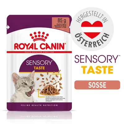 ROYAL CANIN Sensory Taste Soße, 85g, Stückchen in Soße, hergestellt in Österreich. Abbildung einer Katze und Futterstückchen.