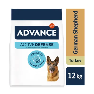 Confezione Advance Active Defense Healthy Microbiota, German Shepherd, Turkey, 12 kg. Immagine di un pastore tedesco sulla confezione. Testo in inglese visibile.
