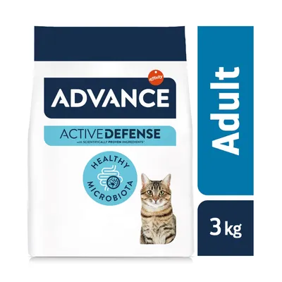 ADVANCE Active Defense Adult cat food, 3 kg bag, with 'Healthy Microbiota' and 'with scientifically proven ingredients' text, image of a tabby cat on packaging.