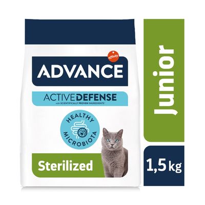 ADVANCE Active Defense Junior Sterilized cat food, 1.5 kg bag, Healthy Microbiota, with image of grey cat and affinity logo visible on packaging