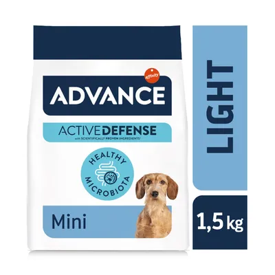 Advance Active Defense Light Mini, Healthy Microbiota, 1,5 kg. Opakowanie z wizerunkiem psa i widocznymi oznaczeniami produktu.