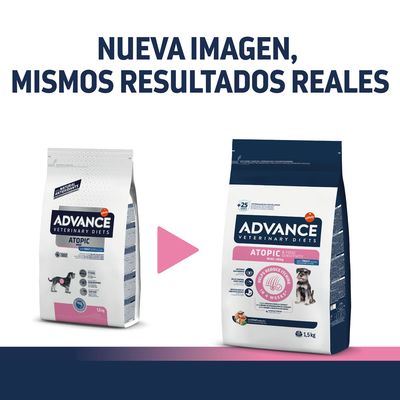 Comparativa de dos envases Advance Veterinary Diets Atopic 1,5 kg para perros, con texto: Nueva imagen, mismos resultados reales. Flecha indica cambio de diseño del paquete.