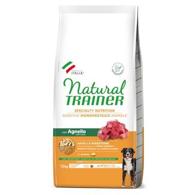 Natural Trainer cibo per cani, Specialty Nutrition Sensitive Monoproteico Animale con agnello, 12kg. Favorisce la digestione con cereali integrali e radice di cicoria.
