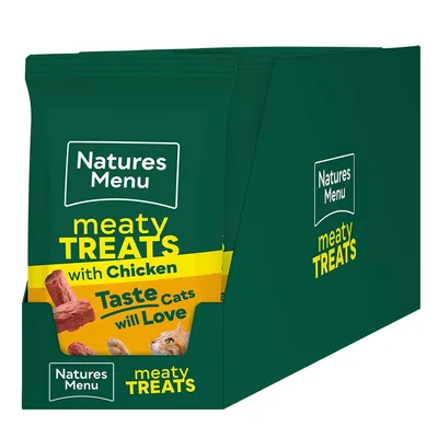 Natures Menu meaty treats with chicken, taste cats will love. Product packaging shows treat pieces and a cat image.