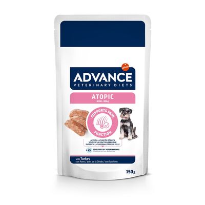 Advance Veterinary Diets Atopic Mini <10kg with turkey, supports skin function. Pack: 1.2kg (8 x 150g). Developed by veterinarians.
