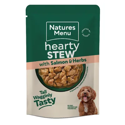 Natures Menu hearty stew with salmon and herbs, tail wagglingly tasty, no added colourants or preservatives, inspired by traditional British cuisine