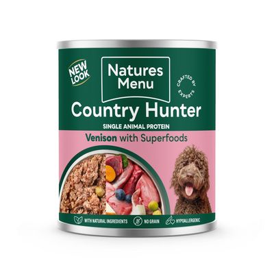 Natures Menu Country Hunter venison with superfoods, single animal protein. With natural ingredients, no grain, hypoallergenic. Images of food and a dog shown on the tin.