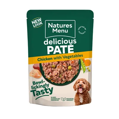 Natures Menu delicious paté, chicken with vegetables. Bowl-lickingly tasty. No added colourants or preservatives. With natural ingredients. New look. Crafted by experts.