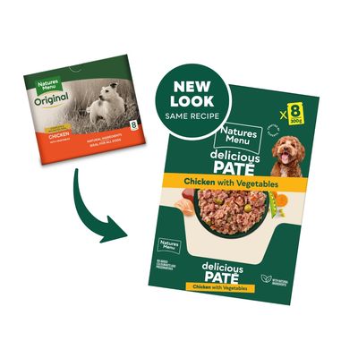 Packaging change from Natures Menu Original Chicken with Vegetables to Natures Menu Delicious Pate Chicken with Vegetables. New look, same recipe, 8 x 300g packs.