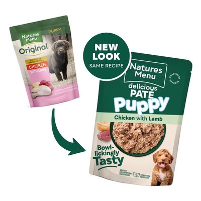 Packaging change for Natures Menu Puppy Chicken with Lamb food. New look, same recipe. Features old and new packs with product details and a green arrow indicating the update.
