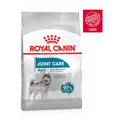 Royal Canin Joint Care Maxi hondenvoer, tekst: Eases Movement, 97% owners satisfied, gekozen product van het jaar 2020 zichtbaar op verpakking.