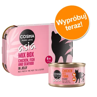 Cosma Pure Love Asia Mix Box, 6 x 170 g, Chicken, Fish and Seafood in Jelly. Na puszce: Chicken with Tuna in Jelly. Pomarańczowe kółko z napisem: Wypróbuj teraz!