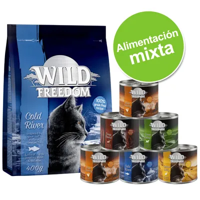 Wild Freedom Cold River 400 g, várias latas de comida húmida Wild Freedom para gatos. Texto visível: '100% grain-free recipe', 'Alimentación mixta' (em espanhol). Wild Freedom Cold River 400 g, várias latas de comida húmida Wild Freedom para gatos. Texto visível: '100% grain-free recipe', 'Alimentación mixta' (em espanhol).