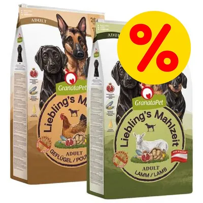 Due confezioni di crocchette per cani adulti GranataPet Liebling's Mahlzeit, varianti Geflügel e Lamm, con simbolo percentuale rosso su sfondo giallo che indica offerta o sconto. Due confezioni di crocchette per cani adulti GranataPet Liebling's Mahlzeit, varianti Geflügel e Lamm, con simbolo percentuale rosso su sfondo giallo che indica offerta o sconto.