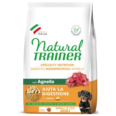 Natural Trainer Hundefutter für Small & Toy Adult, mit Lamm und Ananas, unterstützt die Verdauung. Hergestellt in Italien mit natürlichen Zutaten.