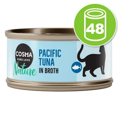 Boîte Cosma Nature Pure Love Pacific Tuna in Broth, illustration de chat et poisson, lot de 48 indiqué sur un cercle vert.