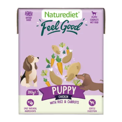 Naturediet Feel Good Puppy chicken with rice and carrots, 390g. Only natural ingredients. Gentle digestion. British made. Puppy complete wet food.