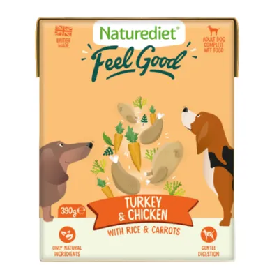 Adult dog complete wet food, turkey and chicken with rice and carrots, 390g. Only natural ingredients. Gentle digestion. British made. Adult dog complete wet food, turkey and chicken with rice and carrots, 390g. Only natural ingredients. Gentle digestion. British made.