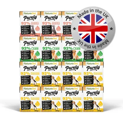 Naturediet Purely food multipack with 92% meat content in salmon and white fish, free range lamb, and British farmed chicken varieties. Badge states Made in the UK.
