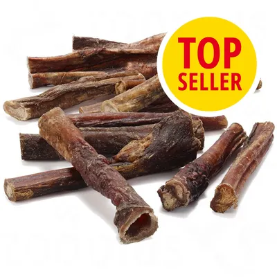 Snacks masticables en forma de palos secos. Sello amarillo con texto en inglés: TOP SELLER.