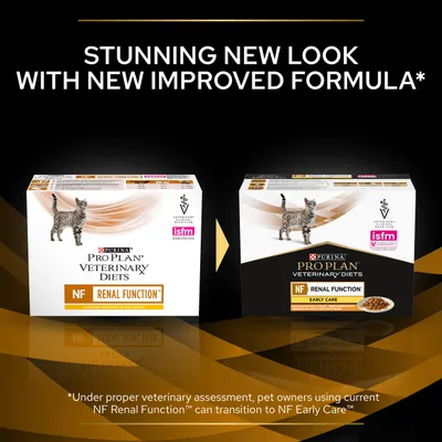 PURINA PRO PLAN VETERINARY DIETS NF RENAL FUNCTION για γάτες, παλιά και νέα συσκευασία με ένδειξη EARLY CARE. Εμφανές το σήμα isfm και η εικόνα γάτας στη συσκευασία.
