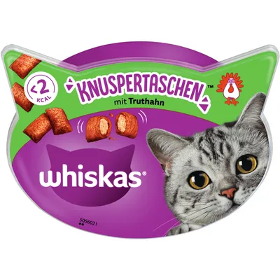 Whiskas Knuspertaschen mit Truthahn, unter 2 kcal pro Stück. Verpackung in Katzenkopf-Form mit Bild einer grauen Katze und Truthahn-Symbol.