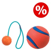 Lot de deux jouets pour chien : une balle orange avec rainures bleues et une balle à picots orange attachée à une corde turquoise. Symbole de réduction en haut à droite.