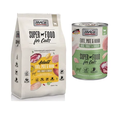 MAC´s Kombi-Paket: 12 x 400 g Nassfutter + 2 x 1,5 kg Superfood Trockenfutter   - 12 x 400 g Ente, Pute, Huhn + 2 x 1,5 kg Adult Ente, Pute & Huhn 