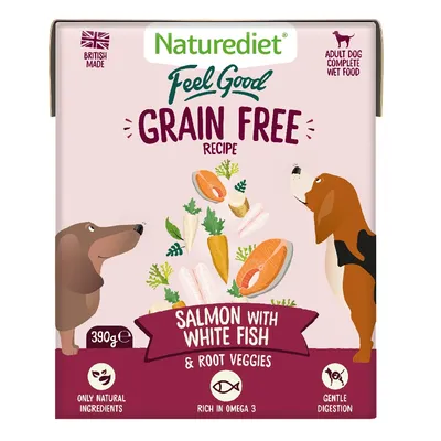 Grain free recipe with salmon, white fish and root vegetables. Only natural ingredients, rich in omega 3, gentle digestion. Adult dog complete wet food, 390g.