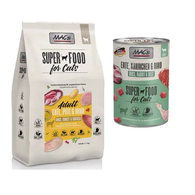 MAC´s Kombi-Paket: 12 x 400 g Nassfutter + 2 x 1,5 kg Superfood Trockenfutter   - 12 x 400 g Ente, Kaninchen, Rind + 2 x 1,5 kg Adult Ente, Pute & Huhn   
