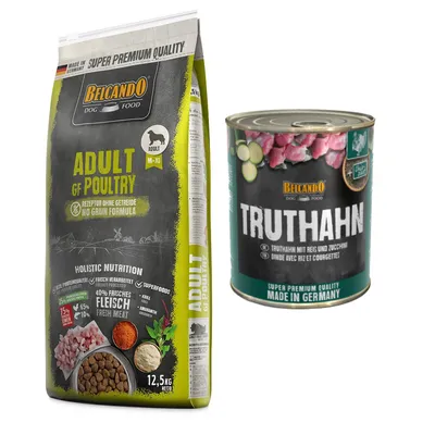 Belcando Adult Kombi-Paket: 12, 5 kg Trockenfutter Getreidefrei + 12 x 800 g Super Premium - 12,5 kg Geflügel  + 12 x 800 g Truthahn mit Reis & Zucchini