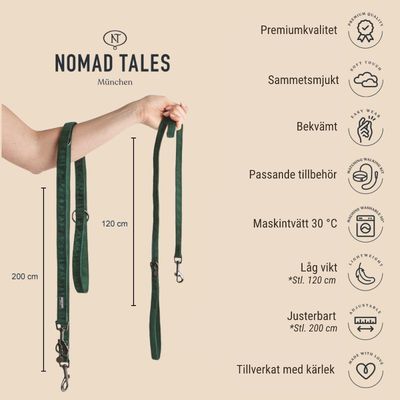 Nomad Tales München koppel i grönt, längder 120 cm och 200 cm. Text: Premiumkvalitet, sammetssmjukt, bekvämt, maskintvätt 30 °C, låg vikt, justerbart, tillverkat med kärlek.
