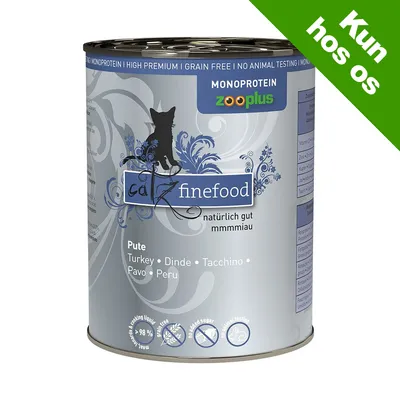 catz finefood naturlig gut mmmmiau, Pute, Monoprotein, zooplus, Kun hos os. Dåse med kattemad, tekst på flere sprog: Turkey, Dinde, Tacchino, Pavo, Peru. Kornfri, ingen dyreforsøg.