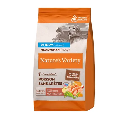 Sac Nature’s Variety Puppy 2–12 mois Medium/Maxi +10 kg, poisson sans arêtes, sans céréales, avec du saumon norvégien, emballage recyclable, protéines qualité digestibilité visibles sur l’emballage. Sac Nature’s Variety Puppy 2–12 mois Medium/Maxi +10 kg, poisson sans arêtes, sans céréales, avec du saumon norvégien, emballage recyclable, protéines qualité digestibilité visibles sur l’emballage.