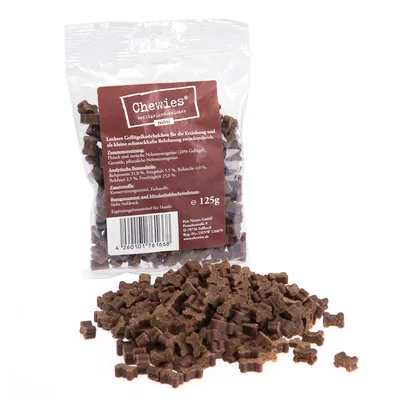 Chewies Geflügelminis mini, 125 g. Påse med små bruna hundgodisbitar formade som ben. Synlig tysk text om ingredienser och näringsinnehåll på förpackningen. Chewies Geflügelminis mini, 125 g. Påse med små bruna hundgodisbitar formade som ben. Synlig tysk text om ingredienser och näringsinnehåll på förpackningen.