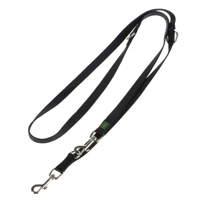 Schwarze Hundeleine aus Nylon mit verstellbarer Länge und zwei Metallkarabinern.