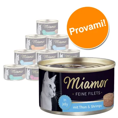 Scatolette Miamor Feine Filets In Jelly, visibile variante mit Thun & Shrimps. Testo sull’immagine: Provami!