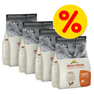 Almo Nature Holistic Maintenance Fresh Chicken kissanruokapakkaukset, 2 kg, tarjousmerkki näkyvissä. Pakkausteksti: 'Owned by the Animals', 'fondazione Capellino'.