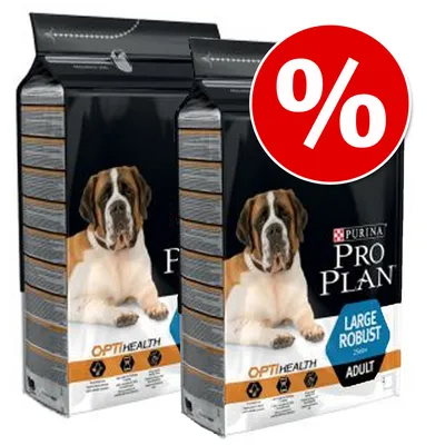 Dve vreči hrane za pse Purina Pro Plan Large Robust Adult, vidna oznaka OptiHealth in simbol za popust (%) v rdečem krogu.