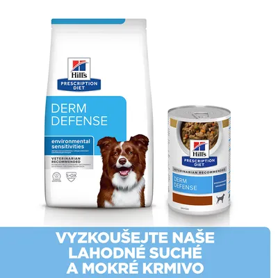 Hill's Prescription Diet Derm Defense suché a mokré krmivo pre psov, text: Vyskúšejte naše lahodné suché a mokré krmivo. Environmental sensitivities, veterinarian recommended.