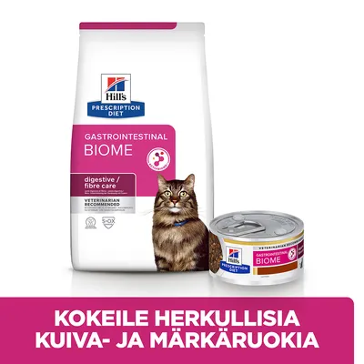 Hill's Prescription Diet Gastrointestinal Biome -kuiva- ja märkäruoka kissalle. Teksti: Kokeile herkullisia kuiva- ja märkäruokia.