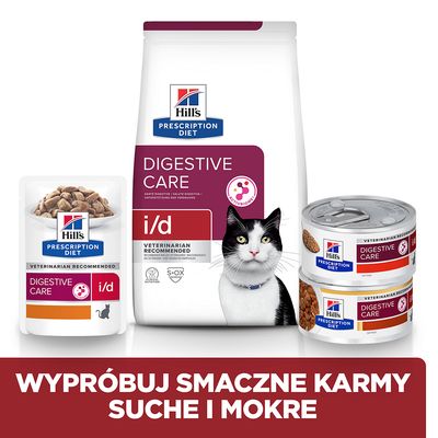 Hill's Prescription Diet Digestive Care i/d dla kotów, opakowania suchej karmy, saszetka oraz puszki. Napis: Wypróbuj smaczne karmy suche i mokre.