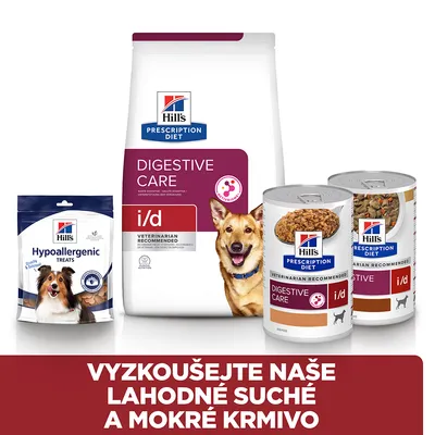Hill's Prescription Diet Digestive Care i/d suché a mokré krmivo, Hypoallergenic Treats pre psov. Text v češtine: VYZKOUŠEJTE NAŠE LAHODNÉ SUCHÉ A MOKRÉ KRMIVO.
