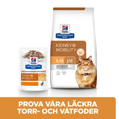 Hill's Prescription Diet Kidney+Mobility k/d j/d kattmat, torr- och våtfoder. Text: Prova våra läckra torr- och våtfoder.