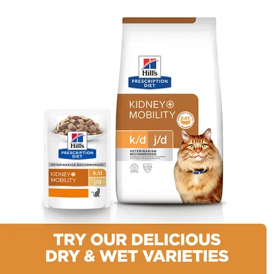 Hill's Prescription Diet Kidney+Mobility k/d j/d macskaeledel száraz és nedves változatban. TRY OUR DELICIOUS DRY & WET VARIETIES (angol nyelvű szöveg).